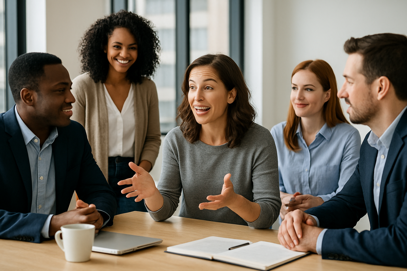 A diverse business team in discussion, showing collaboration and engagement during a workplace meeting.