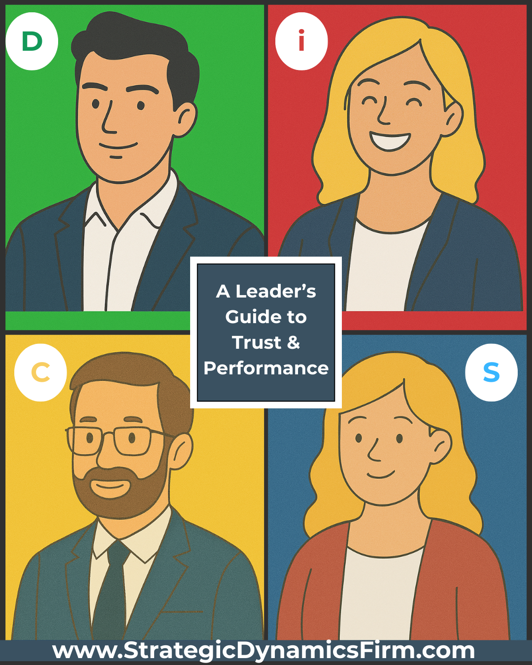 Illustration of four DiSC® personality styles with leadership insights for building trust and performance