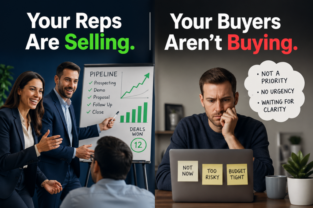 Sales professional reviewing a complex deal pipeline, representing buyer-centered selling strategy and B2B sales process training