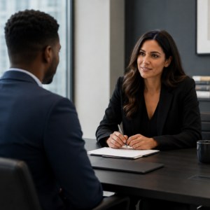HR professional conducting a job interview using PXT Select hiring assessment tools — Strategic Dynamics