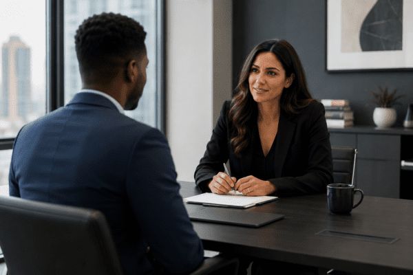 HR professional conducting a job interview using PXT Select hiring assessment tools — Strategic Dynamics